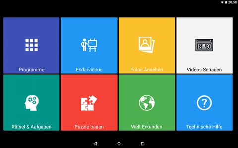 Startbildschirm des Tablets mit acht großen Kacheln